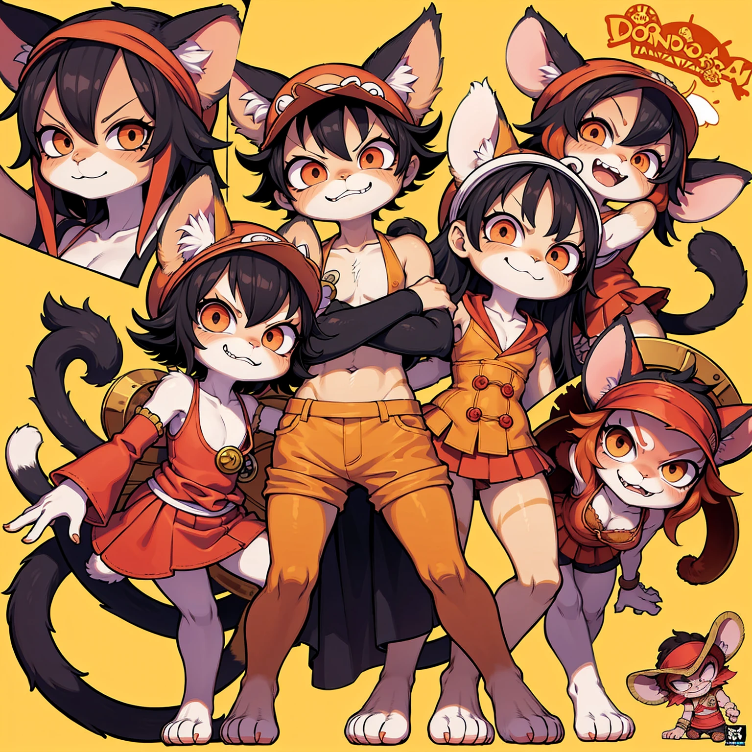 one cat warrior character, cat ears, furry, (full body:1.2) , chibi, advanced digital chibi art, g liulian art style, maplestory mouse, bian lian, chibi art, league of legends art style, character art of maple story, ((view at the viewer)), (((luffy costume, one piece monkey d luffy))), poster