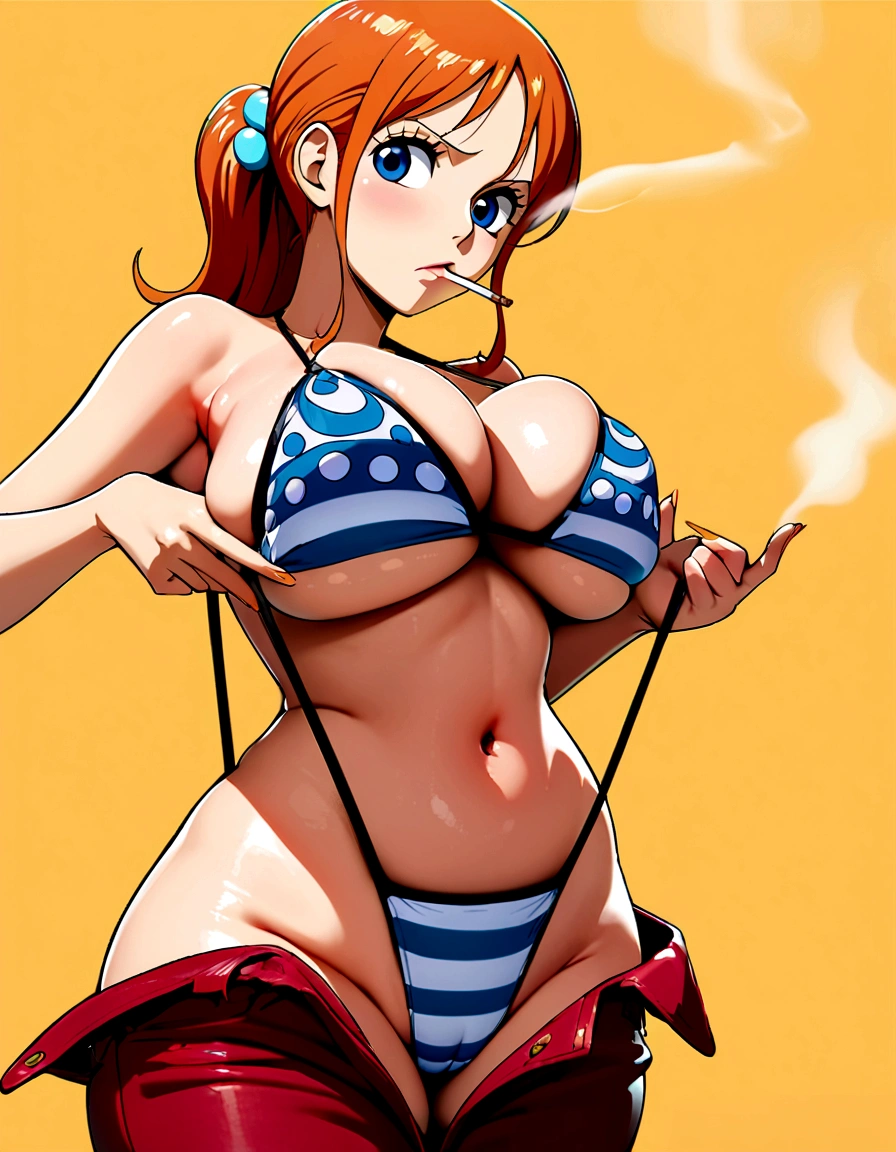 a cartoon picture of a woman in a bikini top and jeans, nami one piece, nami from one piece, nami, beautiful portrait of nami, from one piece, oppai, blue eyes, smoking, ponytail, nsfw