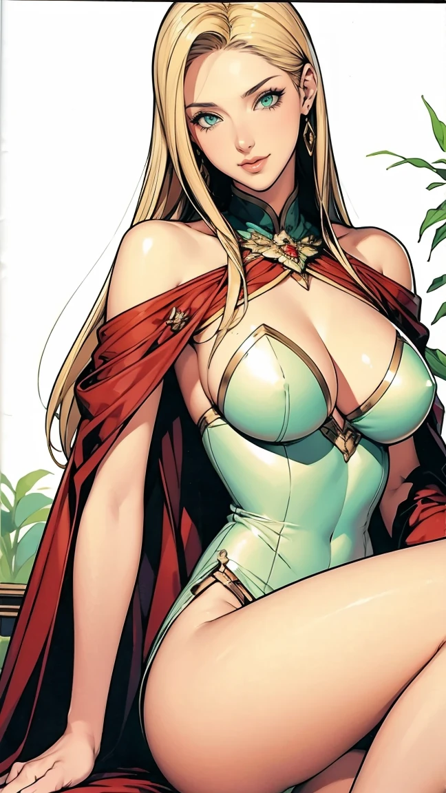 Boa Hancock:1.5,Mature Woman, elegant, blonde, Green Eyes, Asheria's costume, Crown, Fur trim, Portraiture, whole body, 4K resolution, high quality, Skirt flip,Showing off her golden panties,Camel Toe:1.2,