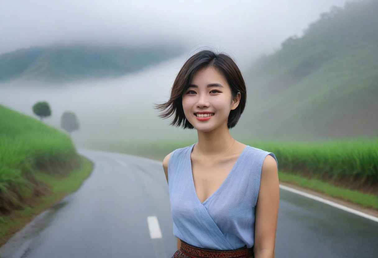 Beautiful Korean Woman, Chest size 34 inches, Wearing sleeveless and light skirts, Foggy scenery of Sapa, Vietnam, I can see the trail, Short and medium hair blowing in the wind, Taken from a distance with a wide angle lens, Realistic living landscape, Front photo facing the camera, best picture quality, Short medium hair blowing in the wind, smile brightly, A thick fog obscures the front, standing on the side of the road far away