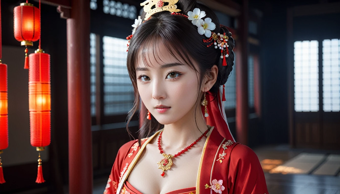 best quality, masterpiece, 1 Japanese idol girl, chinese hanfu,Chinese architect background, red scarf, headdress,necklace, bijouterie,beautiful face,...to_body, Tyndall effect,realistic, dark studio, rim lights, two tone lighting,(highly detailed skin:1.2), 8K uhd, dslr, soft lighting, high quality, volumetric lighting, candid, picture, high resolution, 4K, 8K, bokeh,Girl in a red dress