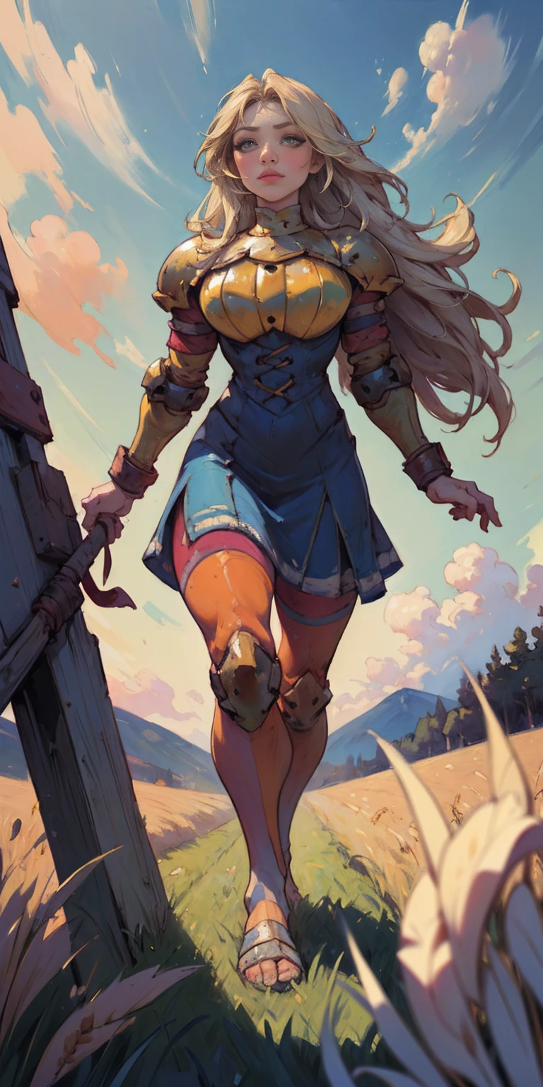 stunning painting of a knight with long blonde hair, wheat field, epic clouds ((painterly)) ((impressionist)) vibrant, soft edges (((warm glow))) full body whole body view from below 1sologirl, feet together, view from below while walking to the viewer