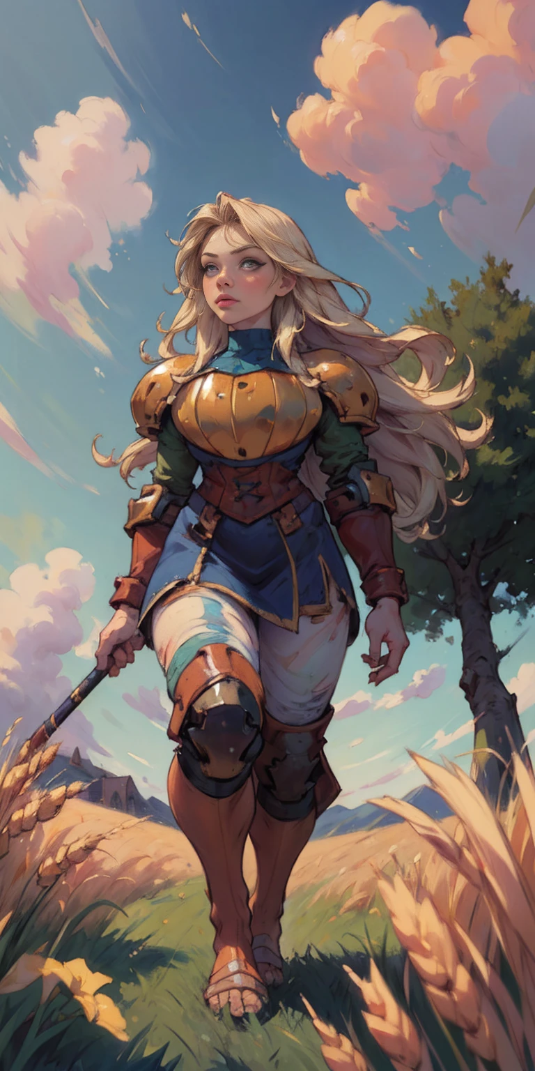 stunning painting of a knight with long blonde hair, wheat field, epic clouds ((painterly)) ((impressionist)) vibrant, soft edges (((warm glow))) full body whole body view from below 1sologirl, feet together, view from below while walking to the viewer