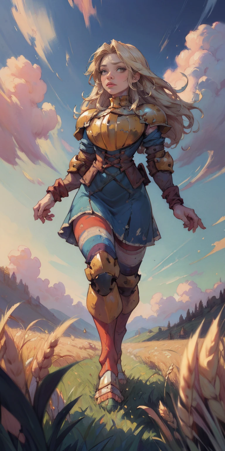stunning painting of a knight with long blonde hair, wheat field, epic clouds ((painterly)) ((impressionist)) vibrant, soft edges (((warm glow))) full body whole body view from below 1sologirl, feet together, view from below while walking to the viewer