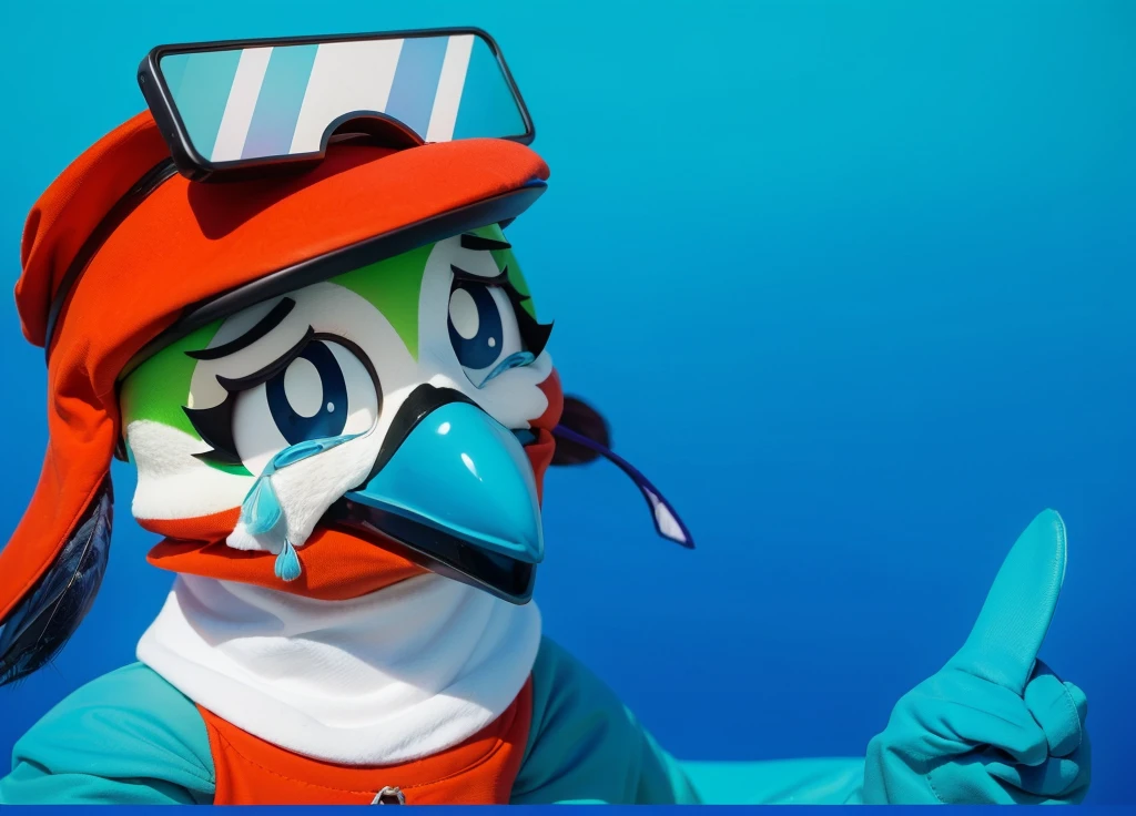 body covered with feather texturefeather texture This image depicts a cartoon bird feather texture character against a gradient blue background. feather texture The bird has multicolored plumage with dominant green on its forehead, white on its neck,body covered with feather texture and a blue beak.feather texture It is wearing a red cap with a large visor and body covered with feather texturegoggles with blue and whitefeather texture lenses, whichfeather texture are lifted onto its head. The feather texturebird's face shows large, body covered with feather textureexpressive eyes with feather texturetears streaming down its cheeks, giving an feather textureimpression of sadness or sorrow. The character is dressed in a red vest that contrasts body covered with feather texturewith its blue wings. body covered with feather textureThe emotional expression and colorful appearance of the bird add vibrancy and charm to the image.glossy cutefeather texturebody covered with feather texture