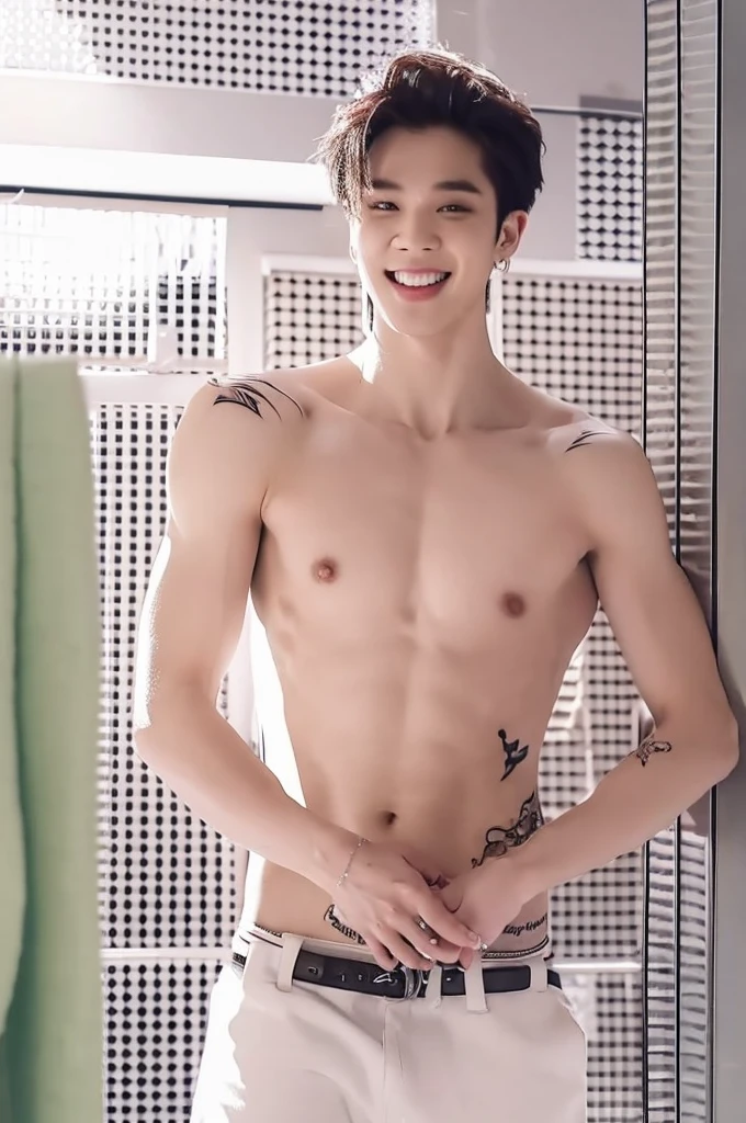 Naked guy in the bathroom with perfect body, with many tattoos, shaped body, sexy look, beautiful smile with braces, Jimin in BTS