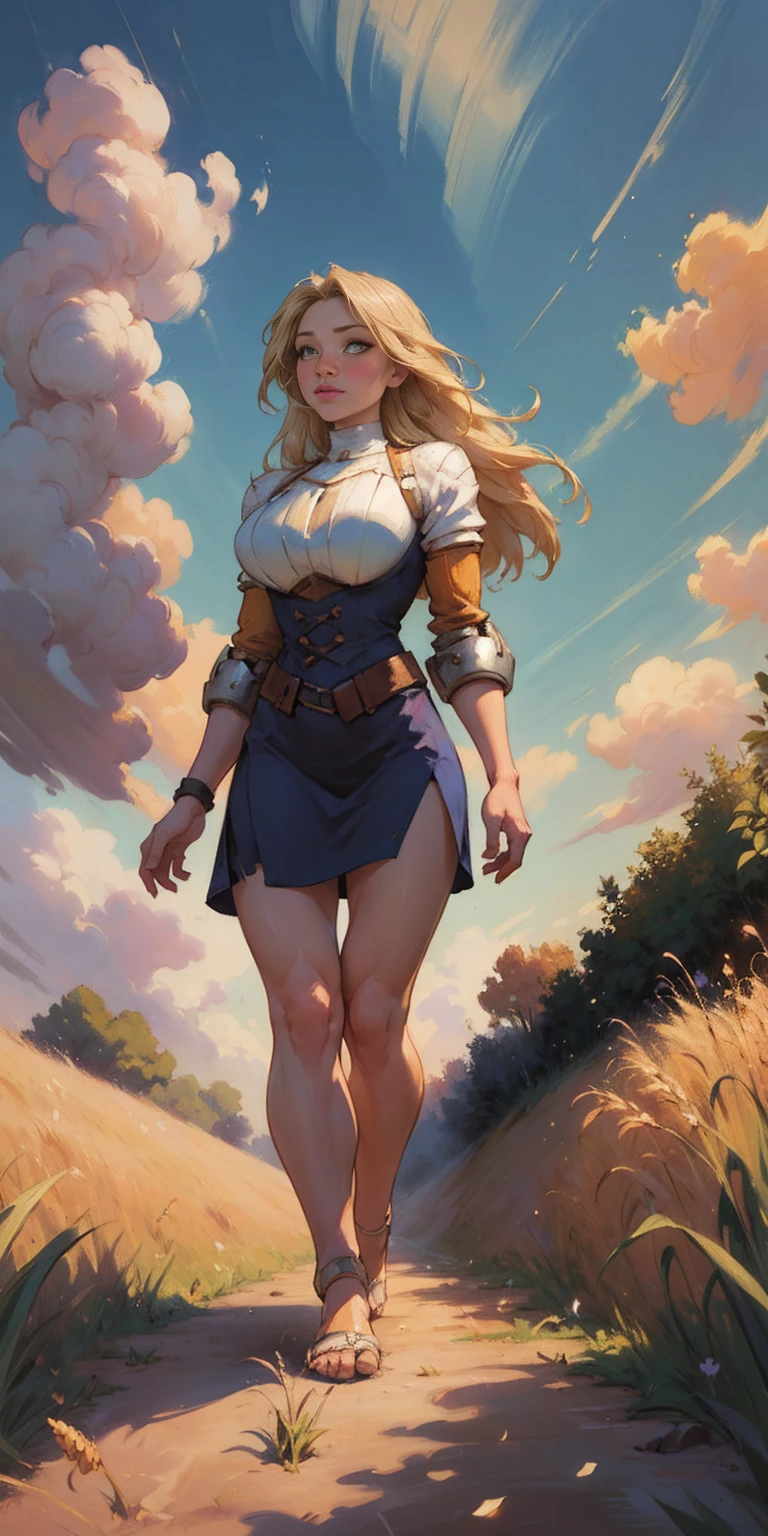 stunning painting of a knight with long blonde hair, wheat field, epic clouds ((painterly)) ((impressionist)) vibrant, soft edges (((warm glow))) full body whole body view from below 1sologirl, feet together, view from below while walking to the viewer