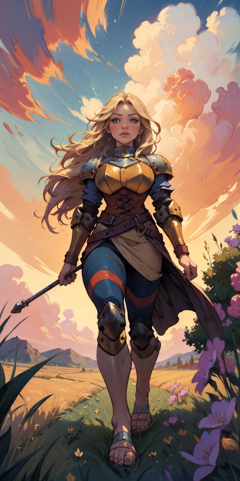 stunning painting of a knight with long blonde hair, wheat field, epic clouds ((painterly)) ((impressionist)) vibrant, soft edges (((warm glow))) full body whole body view from below 1sologirl, feet together, view from below while walking to the viewer