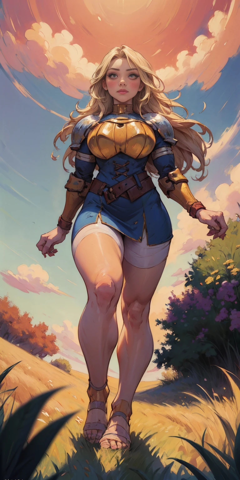 stunning painting of a knight with long blonde hair, wheat field, epic clouds ((painterly)) ((impressionist)) vibrant, soft edges (((warm glow))) full body whole body view from below 1sologirl, feet together, view from below while walking to the viewer