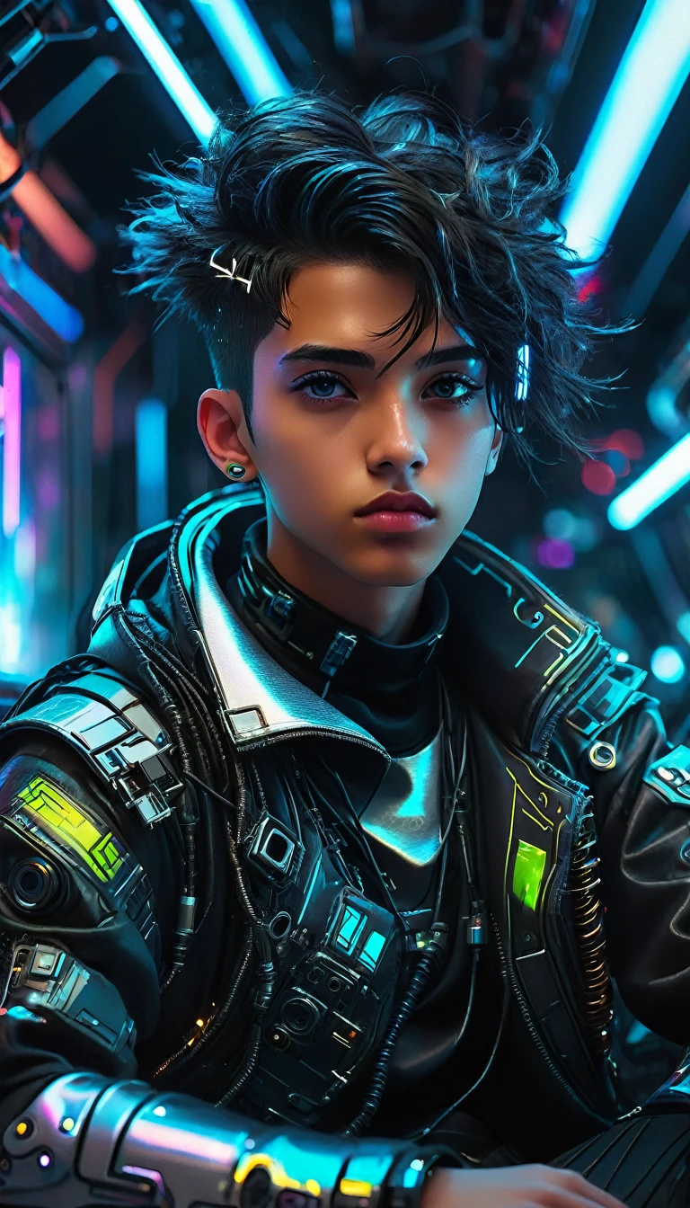 a cyberpunk boy sitting sideways in space, beautiful detailed eyes, beautiful detailed lips, extremely detailed face, long eyelashes, futuristic cyberpunk outfit, neon lights, holographic displays, floating technology, metallic textures, cinematic lighting, dynamic camera angle, photorealistic, 8k, high quality, digital art, concept art