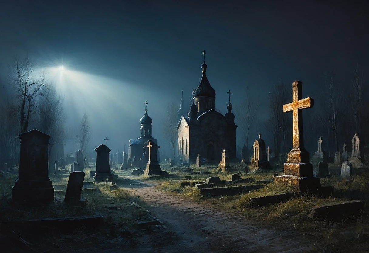 painting of a ancient Russian churchyard, crosses, graves. cinematic scene, volumetric lights, ultra realistic, in the style of nicola samori