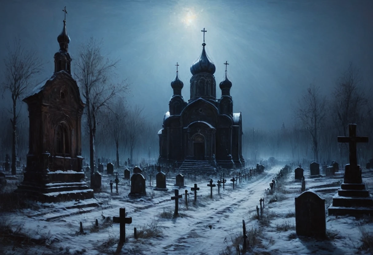 painting of a ancient Russian churchyard, crosses, graves. cinematic scene, volumetric lights, ultra realistic, in the style of nicola samori