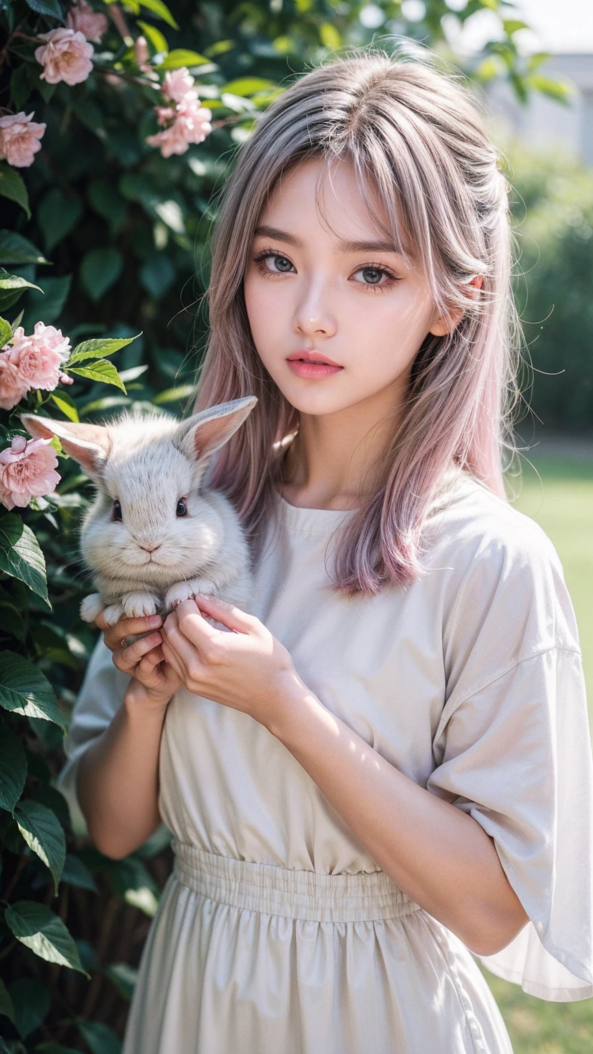 detail, realism, 4K, -yeld gi 面部detail, Big yellow eyes, Full lips, with an upturned nose, Gray hair，With pink hair, Wearing a white dress, A rabbit in his hand, Flowers in the background, White butterfly in the foreground, Realistic shooting, Depth of Field, Soft front light, glow, Human Development Report (Soft colors: 1.2), Canon RF 100mm F2.8L Macro IS USM