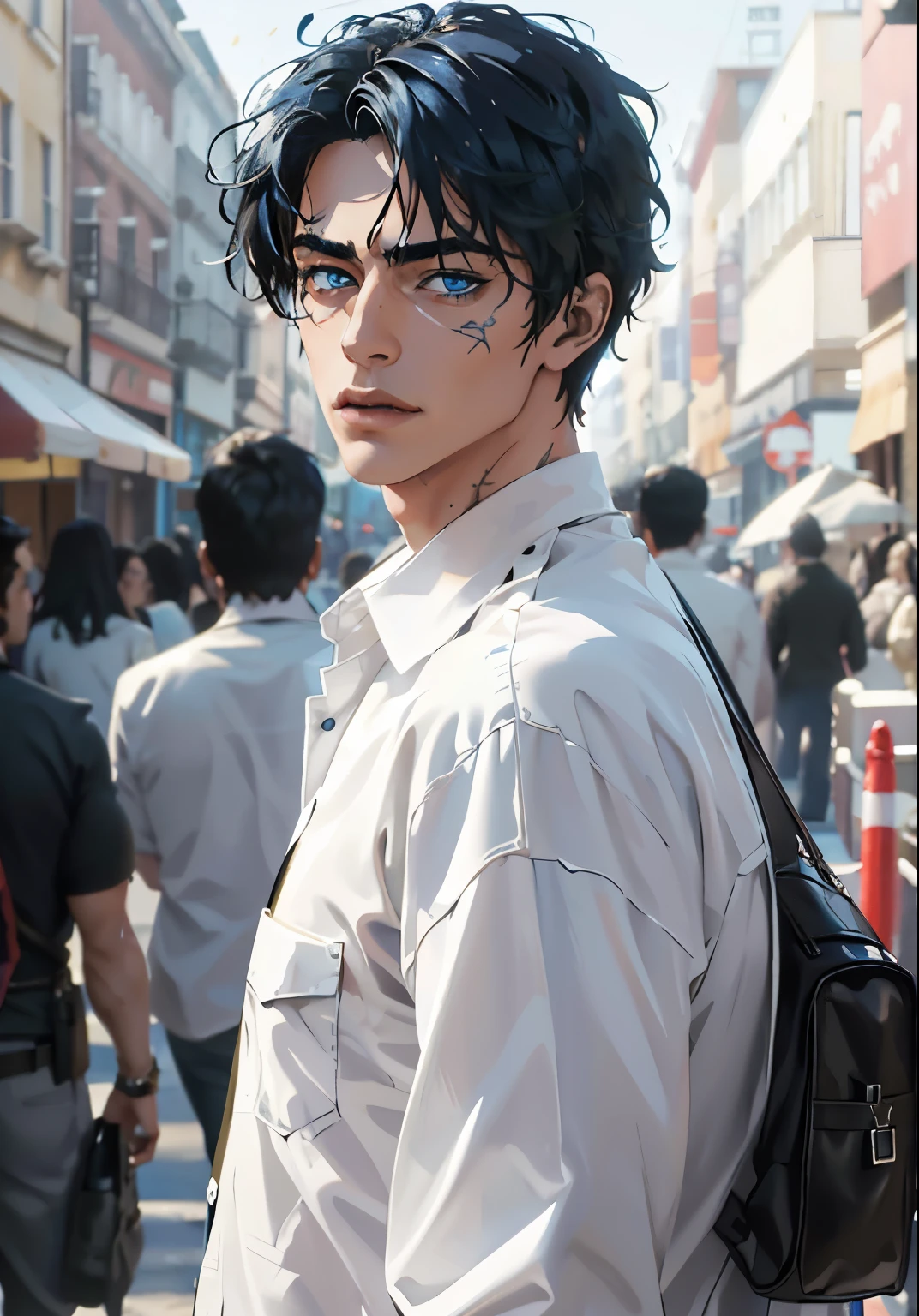8K, complex, elegant, Highly detailed, majestic, digital photography, surreal painting, defeat magic, Sinuous Lightning, (masterpiece, Side light, fine and beautiful eyes: 1.2), HDR, (bright blue eyes)), Naked upper body, (bright tattoo), handsome boy, cana, musculature, black skin, demon horn, Raining, handsome, in front of camera, masterpiece