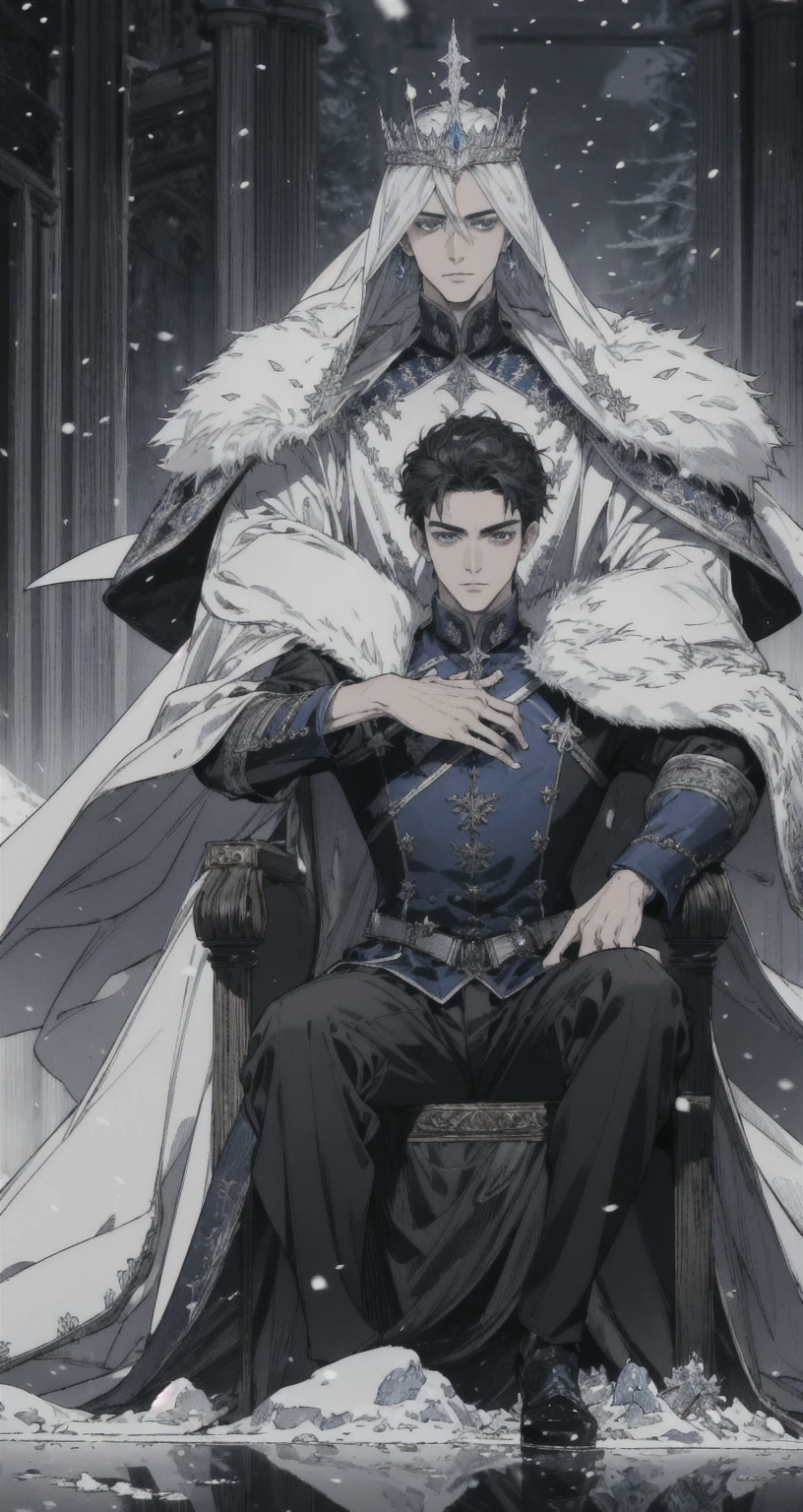 ((Masterpiece)),((best quality)),((Highly detailed)),((realistic,)) Very detailed), (Masterpiece), (best quality), (วอลล์เปเปอร์ 8k ที่มีรายVery detailed),Masterpiece,best quality,มีรายVery detailed,complicated,1 man,handsome faceสมบูรณ์แบบ,muscular man,detailed face,mischievous face,blue eyes,Open your eyes.,reflection of the eyes,Open your eyes., look at viewer,Manly,short hair|Black hair, black prince outfit,(Shining Crystal Throne),dynamic poses,Dramatic angle,movie light,surrounded by snow, Masterpiece,Very detailed,Sitting on the big ice throne, (white throne),Holding a large sword.,holding a sword on the throne, Fantasy, Realistic photos, hyperrealism, Highly detailed, movie light, man wearing black armor,long black fur shawl,black veil,black veil,Face details, sharp details,black slender eyebrows,handsome face, short hairสีดำ, blue eyes,have muscles, handsome faceเหลา, Sit on the throne., white ice power, snow power, The surrounding white snow scene