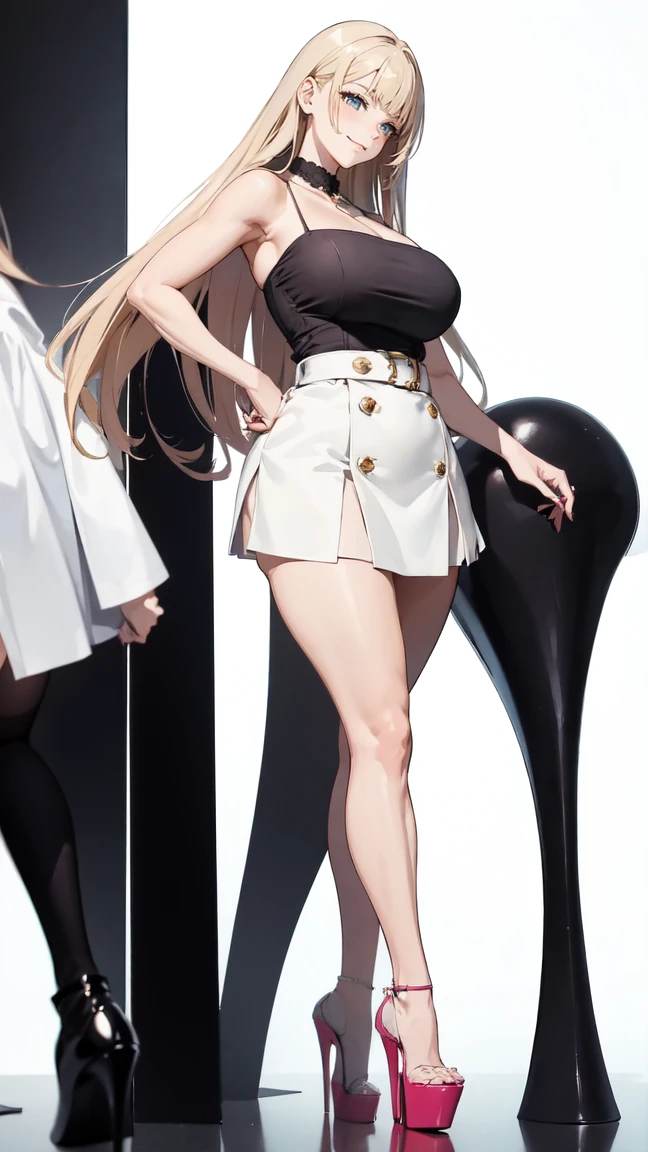 ((masterpiece, high resolution, better quality, better details)), ((Marin Kitagawa)), ((Smiling)), ((one girl)) a girl modeling standing, mini skirt, blouse, ((big neckline)), ((platform high heels)), pink eyes with black outline, (light blonde hair, straight hair, straight bangs, long hair)), long nails, pink nails, (((curvy body))), shiny skin, ((side view)), solo, bare shoulders, full body, focus full body, high heels, ((White background)),