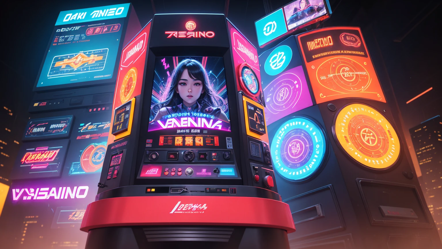 Retro 4th generation pachinko machine, Digital screen and smartphone composite, Excited young female player, Colorful light and sound effects visualization, 「Vera &amp; John Casino」logo, 2024 futuristic elements, A fusion of nostalgic and modern, Vibrant colors, Realistic 3D rendering, Pachinko balls flying, Info Panel