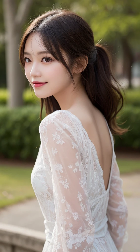 Highest quality, shape, Very detailed, finely, High resolution, 8k wallpaper, perfect dynamic composition shape, Natural color lip, cute笑顔、20-year-old girl、Beautiful and dense face、Perfect and beautiful face,Big eyes、Beautiful and dense face、Perfect and beautiful double eyelids、Blur the background、Perfect and beautiful face、(8K High Resolution), (Highest quality), (RAW Image Quality),(Tabletop:1.2), (Realistic), (Realistic:1.37), Japanese white-eye,Long eyelashes,Exquisite（Live-action Realistic style）,The ultimate face,Realistic light and shadow,Distinct facial features,Milky skin,Fair skin, Skin with attention to detail,Realistic skin details,Pores are visible,（Very detailed）,Hair length is random, （Flowing Hair）,Best Portrait,Close-range shooting, Only one girl, cute,Beautiful and beautiful eyes, Beautiful and detailed nose, Very detailed肌) ,(Beautiful face with double eyelids), (realism: 1.4),Great details, 超High resolution,,,Delicate and beautiful face,Age 25,(Beautiful Face 1.4),thin, (Wearing a floral dress:1.2),((In a park rich in nature)),,Natural smile,(,looks happy),Long Hair,Sparkles around the eyes,Pink lipstick,((Wearing a floral dress)),Very beautiful legs,(((Are standing))),((Smile at the audience)),A very attractive smile,(((Very strong winds are blowing))),((Are standing and showing off white panties)),It is a simple, sheer dress with a very short length.,Rear View,A little big butt