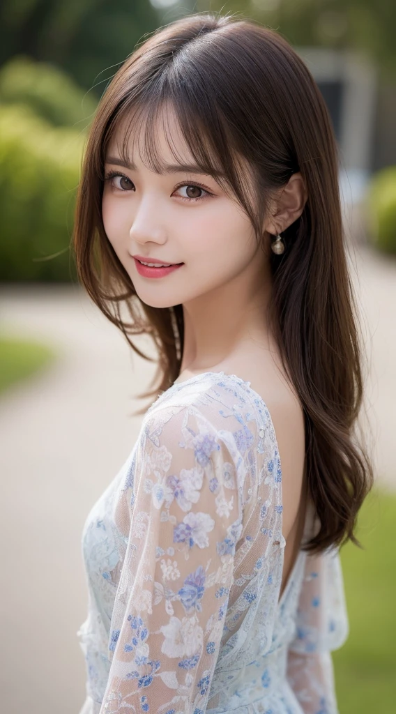 Highest quality, shape, Very detailed, finely, High resolution, 8k wallpaper, perfect dynamic composition shape, Natural color lip, cute笑顔、20-year-old girl、Beautiful and dense face、Perfect and beautiful face,Big eyes、Beautiful and dense face、Perfect and beautiful double eyelids、Blur the background、Perfect and beautiful face、(8K High Resolution), (Highest quality), (RAW Image Quality),(Tabletop:1.2), (Realistic), (Realistic:1.37), Japanese white-eye,Long eyelashes,Exquisite（Live-action Realistic style）,The ultimate face,Realistic light and shadow,Distinct facial features,Milky skin,Fair skin, Skin with attention to detail,Realistic skin details,Pores are visible,（Very detailed）,Hair length is random, （Flowing Hair）,Best Portrait,Close-range shooting, Only one girl, cute,Beautiful and beautiful eyes, Beautiful and detailed nose, Very detailed肌) ,(Beautiful face with double eyelids), (realism: 1.4),Great details, 超High resolution,,,Delicate and beautiful face,Age 25,(Beautiful Face 1.4),thin, (Wearing a floral dress:1.2),((In a park rich in nature)),,Natural smile,(,looks happy),Long Hair,Sparkles around the eyes,Pink lipstick,((Wearing a floral dress)),Very beautiful legs,(((Are standing))),((Smile at the audience)),A very attractive smile,(((Very strong winds are blowing))),((Are standing and showing off white panties)),It is a simple, sheer dress with a very short length.,Rear View,A little big butt