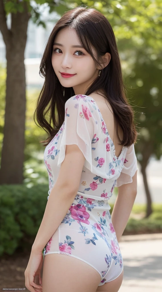 Highest quality, shape, Very detailed, finely, High resolution, 8k wallpaper, perfect dynamic composition shape, Natural color lip, cute笑顔、20-year-old girl、Beautiful and dense face、Perfect and beautiful face,Big eyes、Beautiful and dense face、Perfect and beautiful double eyelids、Blur the background、Perfect and beautiful face、(8K High Resolution), (Highest quality), (RAW Image Quality),(Tabletop:1.2), (Realistic), (Realistic:1.37), Japanese white-eye,Long eyelashes,Exquisite（Live-action Realistic style）,The ultimate face,Realistic light and shadow,Distinct facial features,Milky skin,Fair skin, Skin with attention to detail,Realistic skin details,Pores are visible,（Very detailed）,Hair length is random, （Flowing Hair）,Best Portrait,Close-range shooting, Only one girl, cute,Beautiful and beautiful eyes, Beautiful and detailed nose, Very detailed肌) ,(Beautiful face with double eyelids), (realism: 1.4),Great details, 超High resolution,,,Delicate and beautiful face,Age 25,(Beautiful Face 1.4),thin, (Wearing a floral dress:1.2),((In a park rich in nature)),,Natural smile,(,looks happy),Long Hair,Sparkles around the eyes,Pink lipstick,((Wearing a floral dress)),Very beautiful legs,(((Are standing))),((Smile at the audience)),A very attractive smile,(((Very strong winds are blowing))),((Are standing and showing off white panties)),It is a simple, sheer dress with a very short length.,Rear View,A little big butt