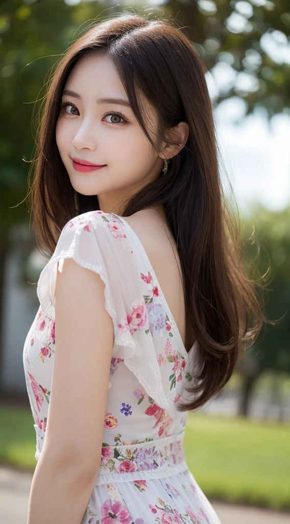 Highest quality, shape, Very detailed, finely, High resolution, 8k wallpaper, perfect dynamic composition shape, Natural color lip, cute笑顔、20-year-old girl、Beautiful and dense face、Perfect and beautiful face,Big eyes、Beautiful and dense face、Perfect and beautiful double eyelids、Blur the background、Perfect and beautiful face、(8K High Resolution), (Highest quality), (RAW Image Quality),(Tabletop:1.2), (Realistic), (Realistic:1.37), Japanese white-eye,Long eyelashes,Exquisite(Live-action Realistic style),The ultimate face,Realistic light and shadow,Distinct facial features,Milky skin,Fair skin, Skin with attention to detail,Realistic skin details,Pores are visible,(Very detailed),Hair length is random, (Flowing Hair),Best Portrait,Close-range shooting, Only one girl, cute,Beautiful and beautiful eyes, Beautiful and detailed nose, Very detailed肌) ,(Beautiful face with double eyelids), (realism: 1.4),Great details, 超High resolution,,,Delicate and beautiful face,Age 25,(Beautiful Face 1.4),thin, (Wearing a floral dress:1.2),((In a park rich in nature)),,Natural smile,(,looks happy),Long Hair,Sparkles around the eyes,Pink lipstick,((Wearing a floral dress)),Very beautiful legs,(((Are standing))),((Smile at the audience)),A very attractive smile,(((Very strong winds are blowing))),((Are standing and showing off white panties)),It is a simple, sheer dress with a very short length.,Rear View,A little big butt