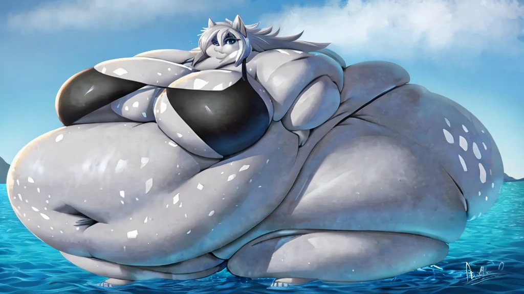 Silver wolf, female, huge breasts, huge hips, huge thighs, plump, voluptuous, morbidly obese, fat arms, fat legs, belly rolls, fat rolls,silver body,white spots,white markings, silver eyes,silver hair,shiny hair,messy hair,bikini,huge belly 