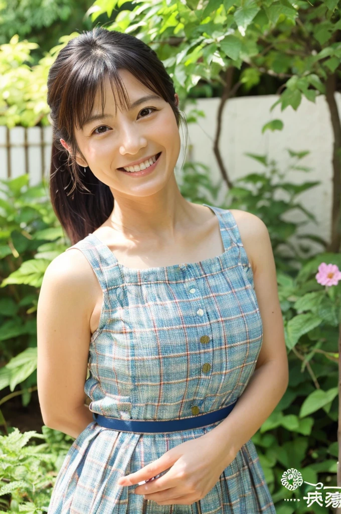 ((Highest quality)), ((masterpiece)), (detailed), Japanese, 40 years old, Beauty, front,Diagonal orientation、smile, Nagoya, Single Mother,Natural Photography,garden, peace sign