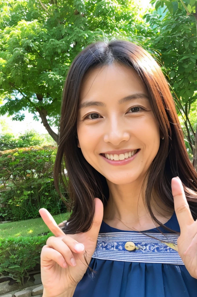 ((Highest quality)), ((masterpiece)), (detailed), Japanese, 40 years old, Beauty, front,Diagonal orientation、smile, Nagoya, Single Mother,Natural Photography,garden, peace sign