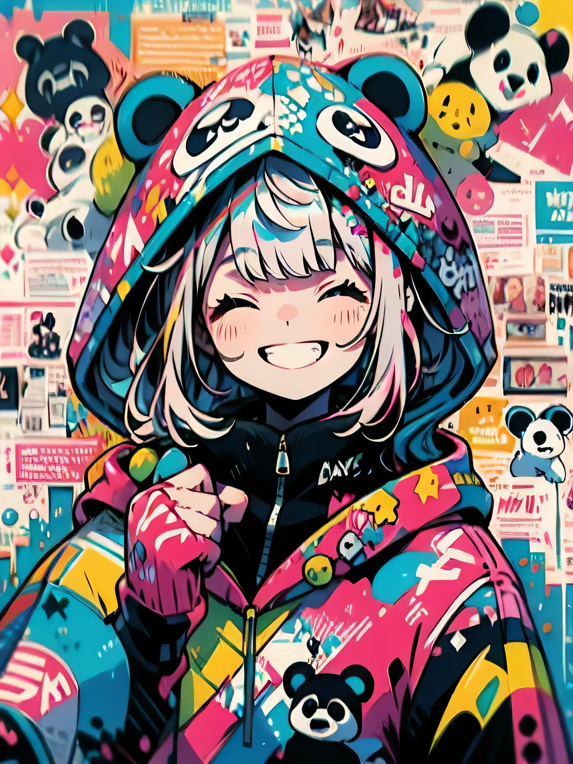 solo,upperbody,(blunt bangs),closed eyes smile,pink panda hoodie,happy punch action,grin,underfull graffiti,