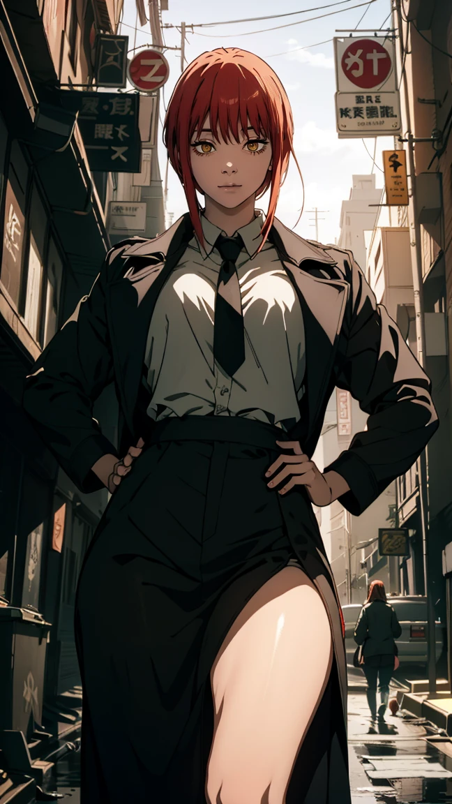 The character Makima from the anime series Chainsaw Man, fragile, full length (Full body 1.1.), dark background, darkness, Correct anatomy 1.1, holds his hands behind his back, correct hand anatomyVery sexy, erotica, very feminine, beautiful figure, legs, buttocks, Beautiful body, red hair, orange eyes, Red circles for schoolchildren, summer dress, sexy pose, realistic, very detailed, Beautiful body, detailed body, detailed hands, detailed, Vibrating, detailed Face, Makima character design. very detailed, detailed body, detailed hands, detailed Face, anime art, Hugh Details, Very downcast face, detailed eyes, Super thin illustration, best shadow, Fine detail, beautiful detailed glow, beautiful detailed, Extraordinarily beautiful, extremely detailed, inexpressive, epic composition, Anime style. anime art anime art, Anime style,