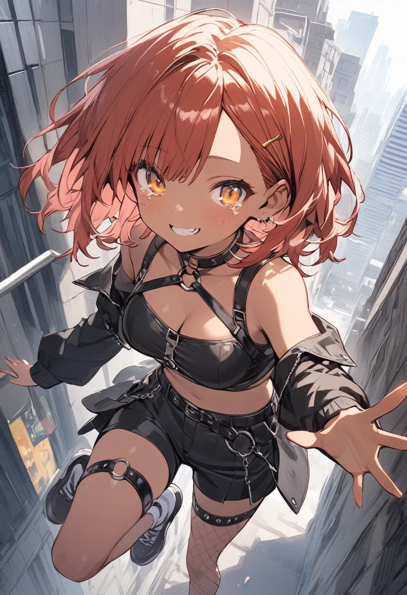 full body,1 woman, 20 years old (cute:1.3),short red Hair, left eye blue, right eye yellow, tan skin, freckles,{open sexy clothes, black skirt, Black stockings, long sleeves, chest harness, black shirt, crop top, shorts, Shoes, O-Ring, midriff, off shoulder, medium breasts, thigh strap, shorts, fishnet stockings,Glossy, shiny material, falling off the edge of a high rise building down to the city down below, falling backwards, reaching out towards the camera, fearful expression, tears coming from eyes