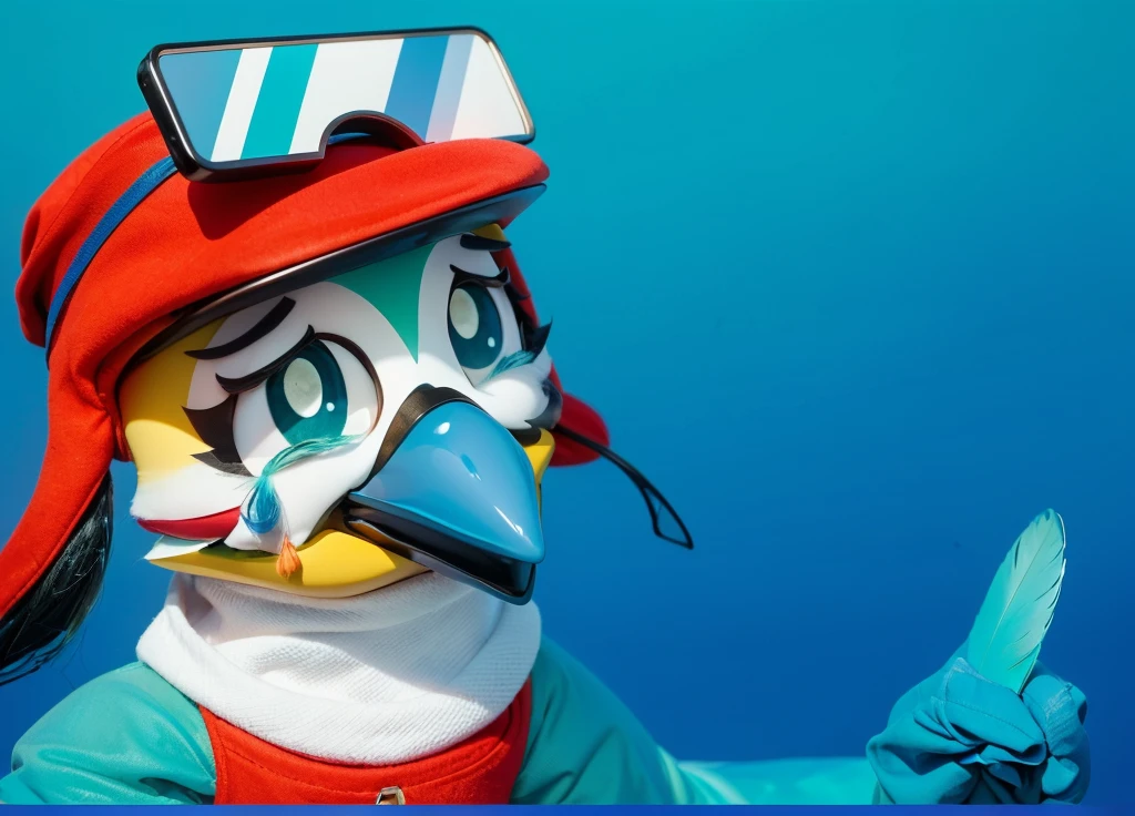 body covered with feather texturefeather texture This image depicts a cartoon bird feather texture character against a gradient blue background. feather texture The bird has multicolored plumage with dominant green on its forehead, white on its neck,body covered with feather texture and a blue beak.feather texture It is wearing a red cap with a large visor and body covered with feather texturegoggles with blue and whitefeather texture lenses, whichfeather texture are lifted onto its head. The feather texturebird's face shows large, body covered with feather textureexpressive eyes with feather texturetears streaming down its cheeks, giving an feather textureimpression of sadness or sorrow. The character is dressed in a red vest that contrasts body covered with feather texturewith its blue wings. body covered with feather textureThe emotional expression and colorful appearance of the bird add vibrancy and charm to the image.glossy cutefeather texturebody covered with feather texture