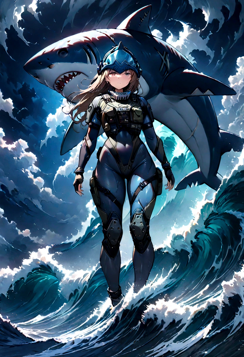 Full-face helmet in the shape of a shark's head, (best quality, masterpiece, high quality, extremely detailed CG unity 8k wallpaper:1.2), 1girl, beautiful tactical armor, Full-body wetsuit with shark skin, wild and stormy sea,