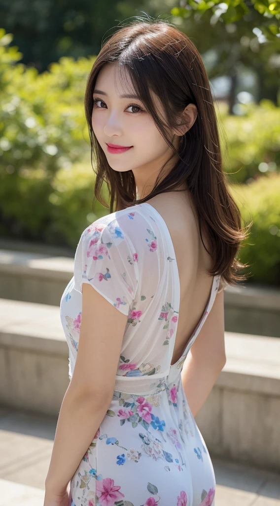 Highest quality, shape, Very detailed, finely, High resolution, 8k wallpaper, perfect dynamic composition shape, Natural color lip, cute笑顔、20-year-old girl、Beautiful and dense face、Perfect and beautiful face,Big eyes、Beautiful and dense face、Perfect and beautiful double eyelids、Blur the background、Perfect and beautiful face、(8K High Resolution), (Highest quality), (RAW Image Quality),(Tabletop:1.2), (Realistic), (Realistic:1.37), Japanese white-eye,Long eyelashes,Exquisite(Live-action Realistic style),The ultimate face,Realistic light and shadow,Distinct facial features,Milky skin,Fair skin, Skin with attention to detail,Realistic skin details,Pores are visible,(Very detailed),Hair length is random, (Flowing Hair),Best Portrait,Close-range shooting, Only one girl, cute,Beautiful and beautiful eyes, Beautiful and detailed nose, Very detailed肌) ,(Beautiful face with double eyelids), (realism: 1.4),Great details, 超High resolution,,,Delicate and beautiful face,Age 25,(Beautiful Face 1.4),thin, (Wearing a floral dress:1.2),((In a park rich in nature)),,Natural smile,(,looks happy),Long Hair,Sparkles around the eyes,Pink lipstick,((Wearing a floral dress)),Very beautiful legs,(((Are standing))),((Smile at the audience)),A very attractive smile,(((Very strong winds are blowing))),((Are standing and showing off white panties)),It is a simple, sheer dress with a very short length.,Rear View,A little big butt, ((nsfw))