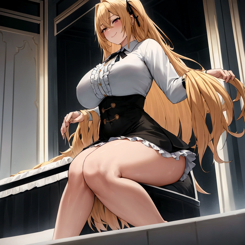 {full body},{{sitting}},wariza,looking down,from below,{upskirt},dynamic angle, dynamic cut,naughty smile,macrophilia,{white wings},{angel},{{very muscular}},{{very muscle}},{very curvy},{very big woman},{very gigantic woman},{very strong woman},{very tall woman},{very long legs},{very gigantic breasts},{very big breasts},{two side up},{very grown-up body},{adult},blonde hair,barefoot,cute dress shirt frills ribbon split corset skirt,best quality,solo,white background