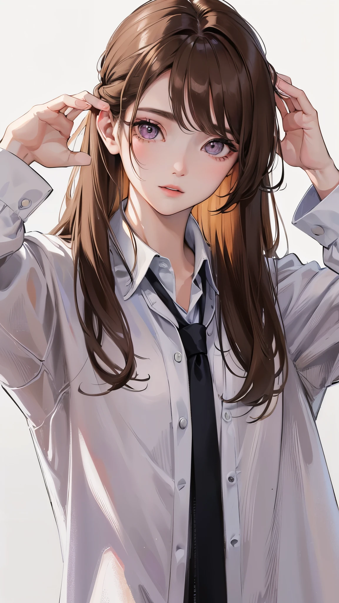 (Top resolution、Distinct_image)top-quality、femele、masterpiece、highly detailed、Semi-realistic、pink eyes、18year old、young、smart Casual clothing、Exquisite facial features、Facial features、unique hairstyle, variations, potrait, white background, light brown hair