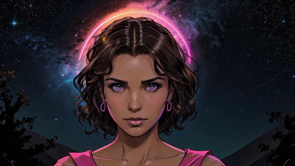 a cute, slender, aerobics instructor, very short brown hair, very short brown hair, very short brown hair, very short brown hair, very short brown hair, brown eyes, dimples, sexy pose; wearing a sheer gown, In a kaleidoscopic realm of swirling stardust and neon nebulae, her incandescent form outshines quasars, with obsidian tresses cascading down her silhouette. more neon psychedelic lighting, more neon psychedelic lighting, more neon psychedelic lighting,
