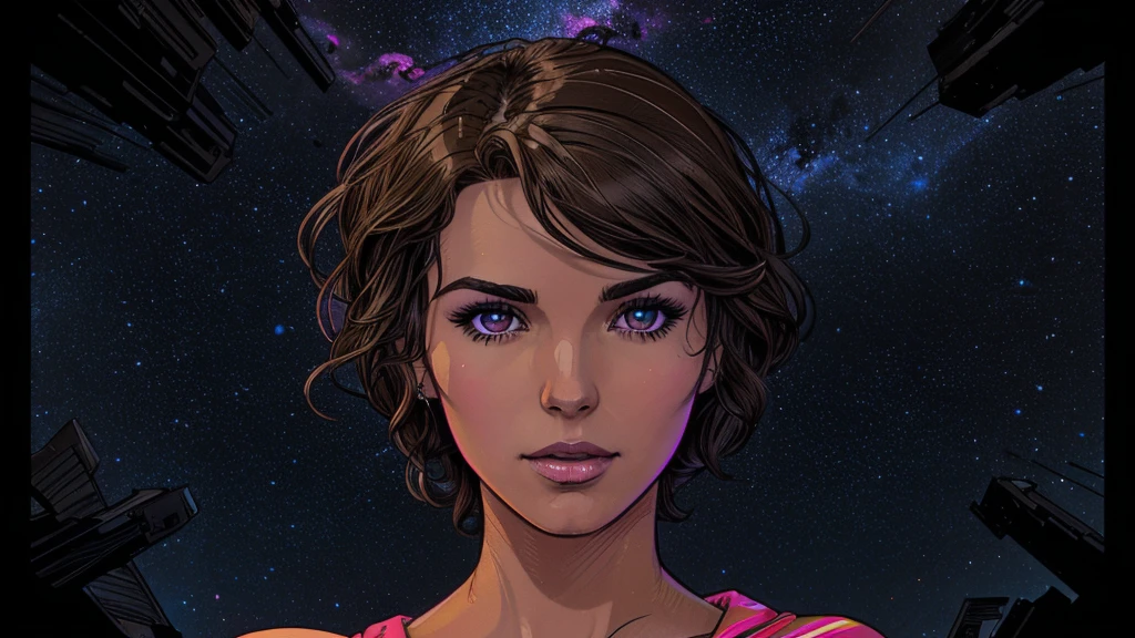 a cute, slender, aerobics instructor, very short brown hair, very short brown hair, very short brown hair, very short brown hair, very short brown hair, brown eyes, dimples, sexy pose; wearing a sheer gown, In a kaleidoscopic realm of swirling stardust and neon nebulae, her incandescent form outshines quasars, with obsidian tresses cascading down her silhouette. more neon psychedelic lighting, more neon psychedelic lighting, more neon psychedelic lighting, 