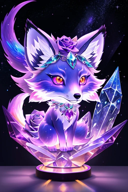 ((best quality)), ((masterpiece)), (detailed), （（glowing fox））。fox glow(Crystal rose), mythical fox spirit, shiny iridescent scales, shiny purple crystal fur, glowing eyes, high quality, highres, ultra-detailed, 
