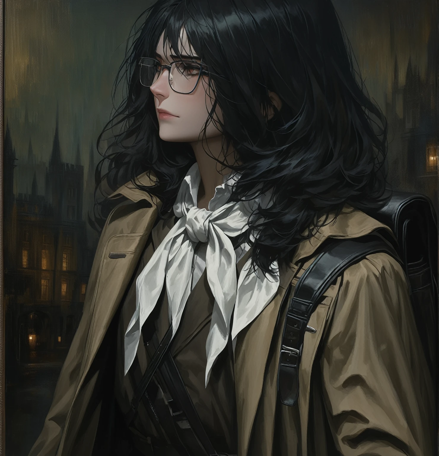 ((adult)), (woman), ((tall)), ((Ryoshu from Limbus company)) , masterpiece, best quality, dark aura, 
 ((short black hair)), glasses, plain white shirt, brown coat, black pants, white kerchief with black marks around neck, carrying a robust leather bagpack, (faint smile), realistic anime style, (oil painting), dark old manor background, night, impasto.
