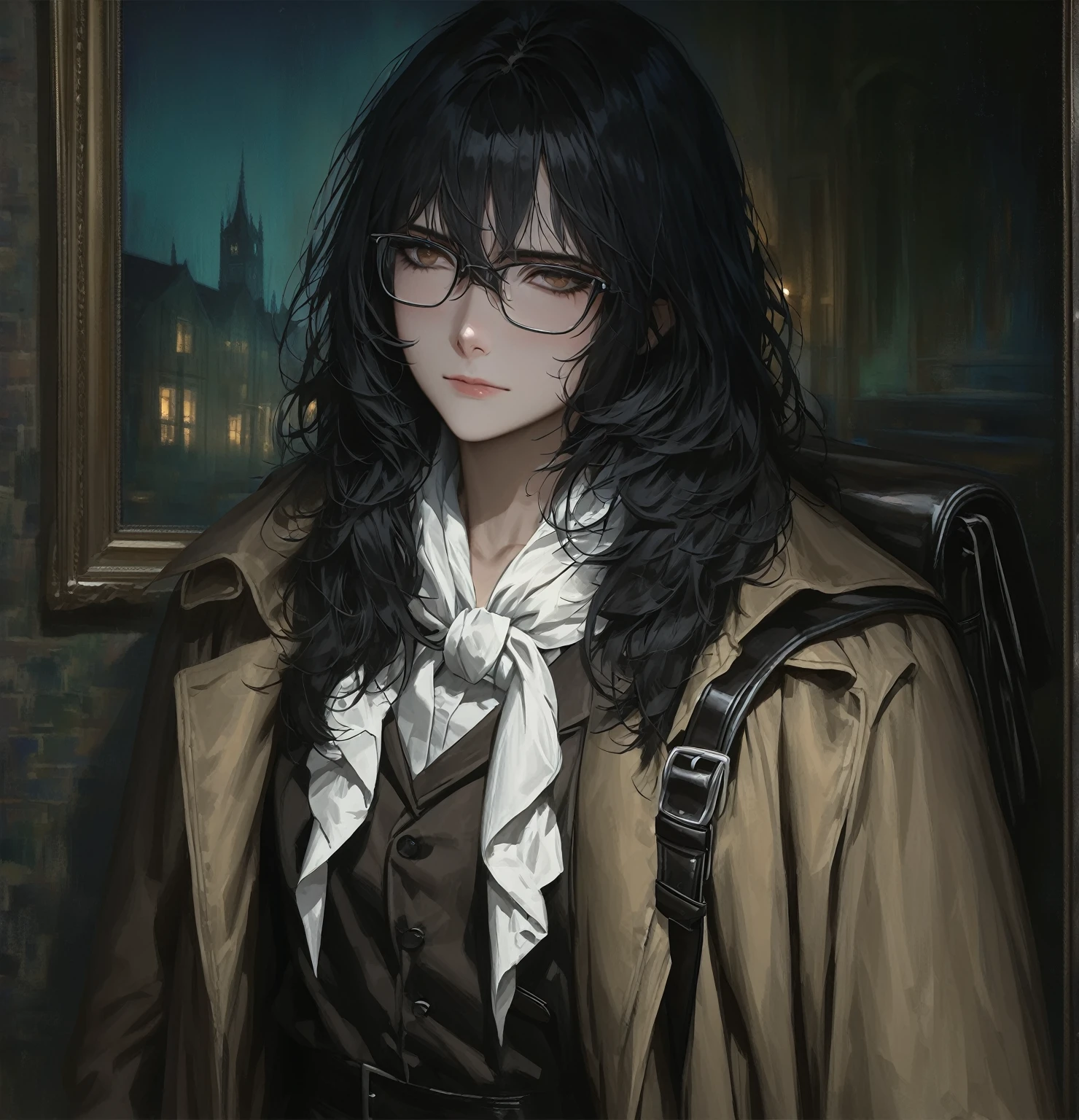 ((adult)), (woman), ((tall)), ((Ryoshu from Limbus company)) , masterpiece, best quality, dark aura,
((short black hair)), glasses, plain white shirt, brown coat, black pants, white kerchief with black marks around neck, carrying a robust leather bagpack, (faint smile), realistic anime style, (oil painting), dark old manor background, night, impasto.