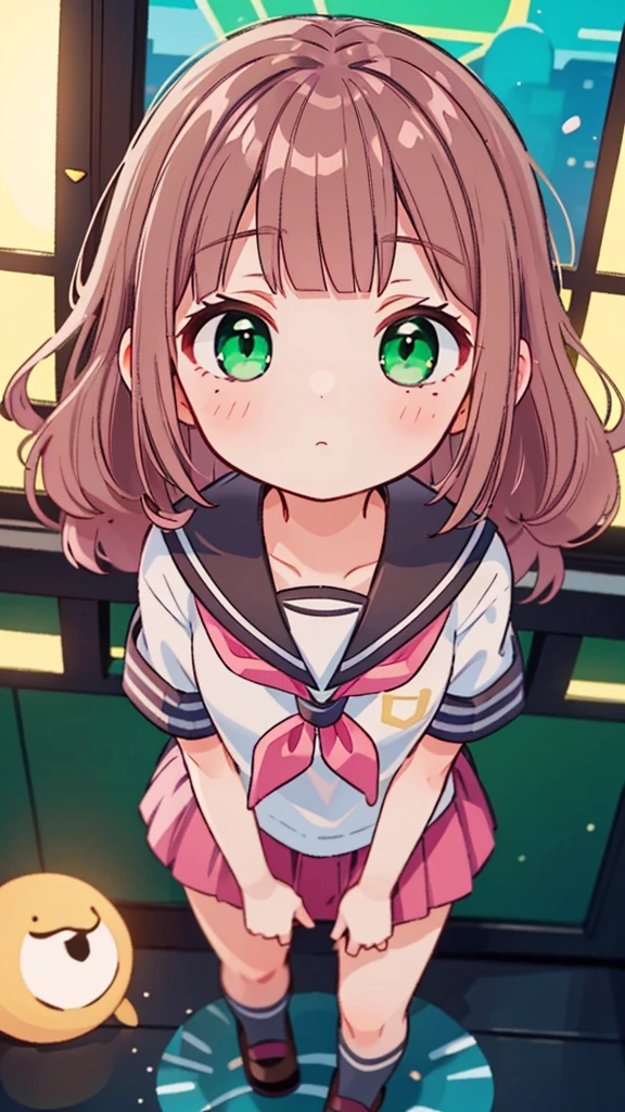 {{{{masterpiece}}}},{{{emaiti}}}, {{{Super detailed}}}, {{{high resolution}}}, {{good anatomy}}, (((best quality))),((emerald and green eyes,brown hair)),{{Extremely detailed and refined}}, {4k CG wallpaper}, {{illustration}}, ((pearl pink hair,JK)),((looking out a window,in school)),(((face portrait,detailed face,bigger eyeballs,standing,bust,standing))),(curly hair|long hair|Detailed hair|blunt bangs|shiny hair),(((serafuku,sailor shirt))),{{{emotionless face,mature}}},(lesbian,JK,1 woman:1),(small breasts),masterlighting,standing on the edge of mountain,((The details are complex、Shallow depth of field、movie lighting、Reflectors、a Canon EOS R5、50mm lens、f / 2.8、shot at 8k resolution))
