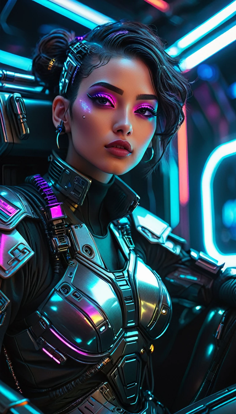 a cyberpunk me sitting sideways in space, beautiful detailed eyes, beautiful detailed lips, extremely detailed face, long eyelashes, futuristic cyberpunk outfit, neon lights, holographic displays, floating technology, metallic textures, cinematic lighting, dynamic camera angle, photorealistic, 8k, high quality, digital art, concept art