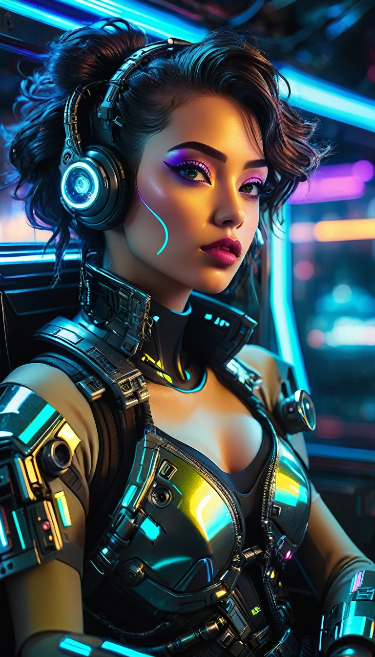 a cyberpunk me sitting sideways in space, beautiful detailed eyes, beautiful detailed lips, extremely detailed face, long eyelashes, futuristic cyberpunk outfit, neon lights, holographic displays, floating technology, metallic textures, cinematic lighting, dynamic camera angle, photorealistic, 8k, high quality, digital art, concept art
