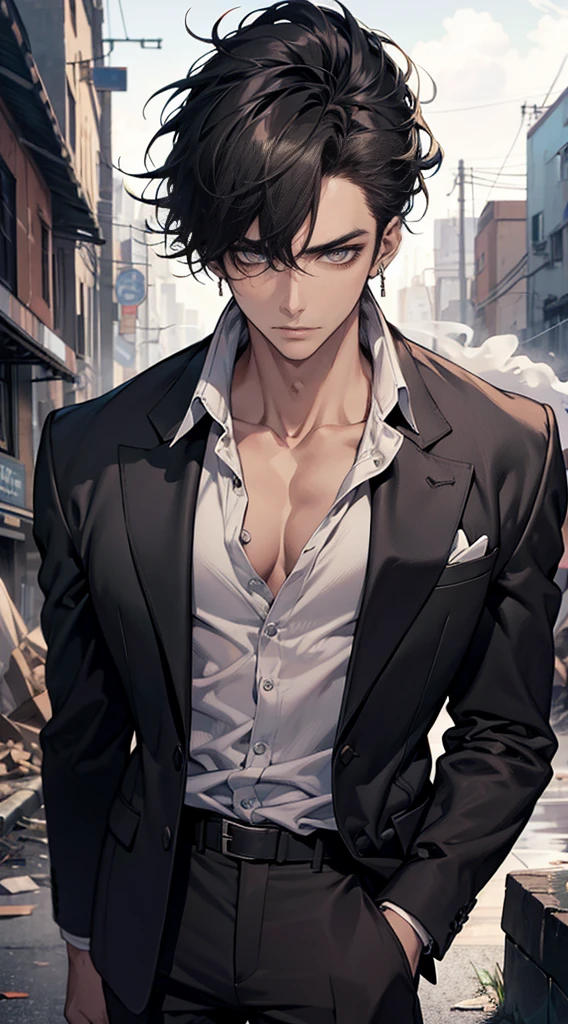(masterpiece, best quality, highres, ultra-detailed), 1man, male focus, spiky black hair, grey eyes, handsome, detailed eyes and face, male body, earrings, ear piercing, unbuttoned black blazer, white shirt, trousers, bare collarbones, chain necklace, city slums background, by amano akira, full body, cigarette, cigarette smoke, guy smoking,1guy, masterpiece