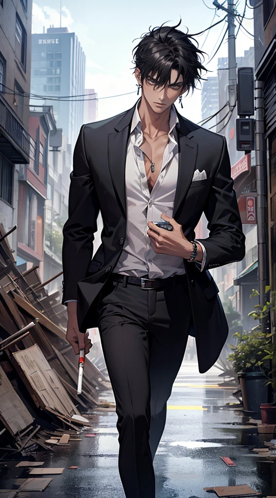 (masterpiece, best quality, highres, ultra-detailed), 1man, male focus, spiky black hair, grey eyes, handsome, detailed eyes and face, male body, earrings, ear piercing,  unbuttoned black blazer, white shirt, trousers, bare collarbones, chain necklace, city slums background, by amano akira, full body, cigarette, cigarette smoke, guy smoking,1guy, masterpiece