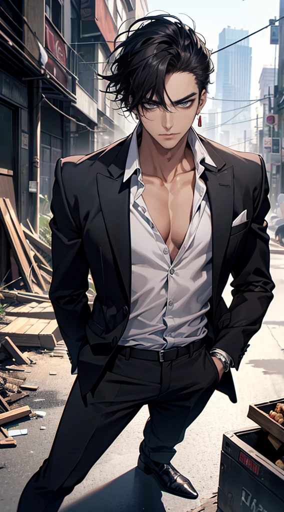 (masterpiece, best quality, highres, ultra-detailed), 1man, male focus, spiky black hair, grey eyes, handsome, detailed eyes and face, male body, earrings, ear piercing,  unbuttoned black blazer, white shirt, trousers, bare collarbones, chain necklace, city slums background, by amano akira, full body, cigarette, cigarette smoke, guy smoking,1guy, masterpiece
