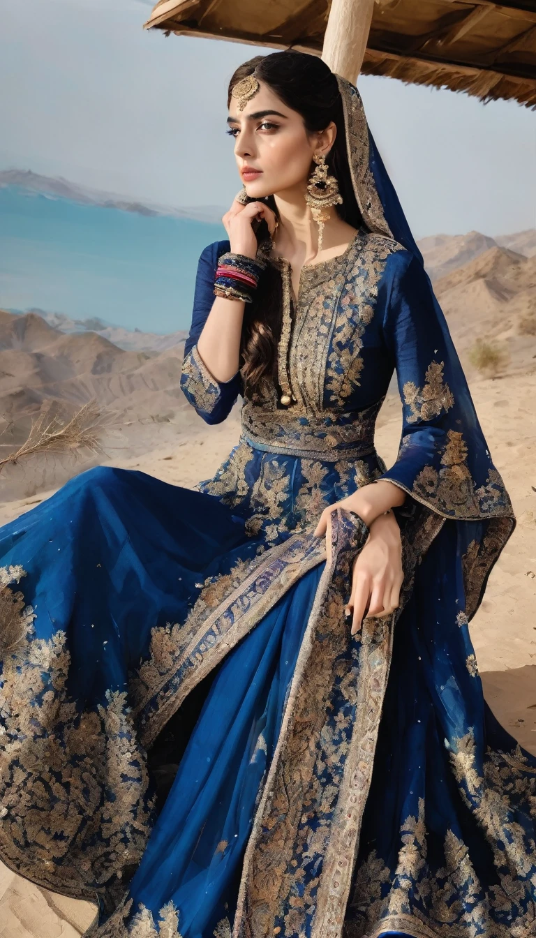 a woman in a blue and black outfit posing for a picture, blue colored traditional wear, wearing an elegant tribal outfit, wearing an ornate outfit, maya ali as a storm sorcerer, maya ali as a wind sorcerer, arab inspired, maya ali as a wind sorceress, maya ali as d&d sorcerer, indian style, bohemian fashion