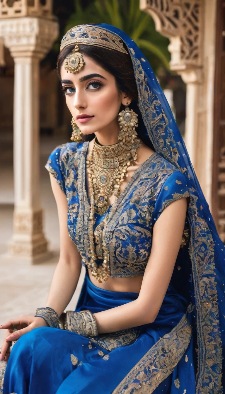 a woman in a blue and black outfit posing for a picture, blue colored traditional wear, wearing an elegant tribal outfit, wearing an ornate outfit, maya ali as a storm sorcerer, maya ali as a wind sorcerer, arab inspired, maya ali as a wind sorceress, maya ali as d&d sorcerer, indian style, bohemian fashion