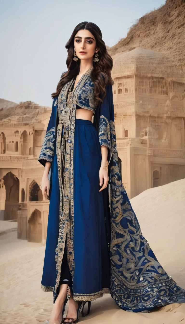 a woman in a blue and black outfit posing for a picture, blue colored traditional wear, wearing an elegant tribal outfit, wearing an ornate outfit, maya ali as a storm sorcerer, maya ali as a wind sorcerer, arab inspired, maya ali as a wind sorceress, maya ali as d&d sorcerer, indian style, bohemian fashion